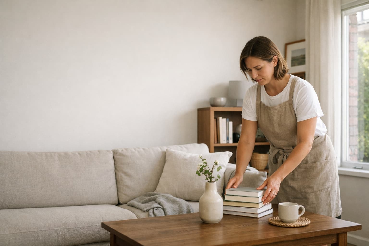 A person resetting books on a shelf in a calm, tidy home.